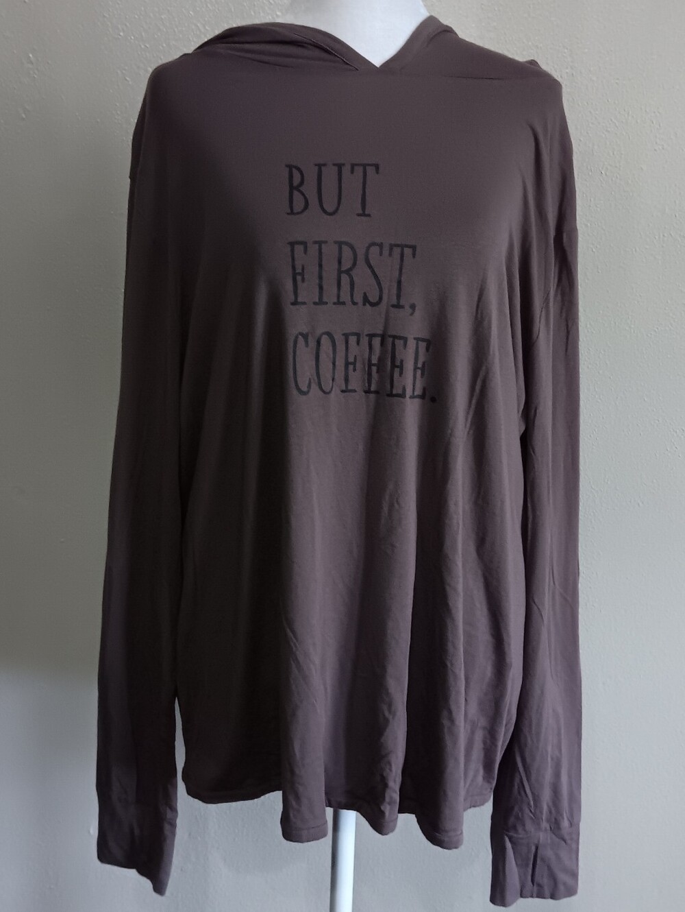 Long Sleeve Slouchy Soft Comfy Hoodie Tee Brown "But First, Coffee" Womens 2X